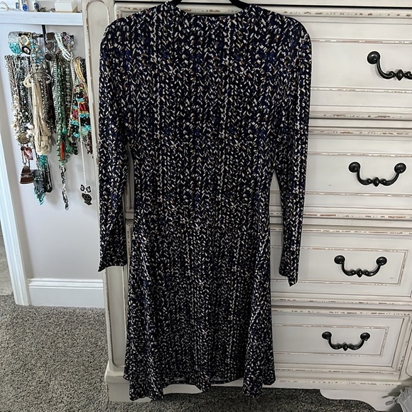 Chaps Blue Black Brown Tan Abstract Print Faux Wrap Dress Size Large - Picture 6 of 7